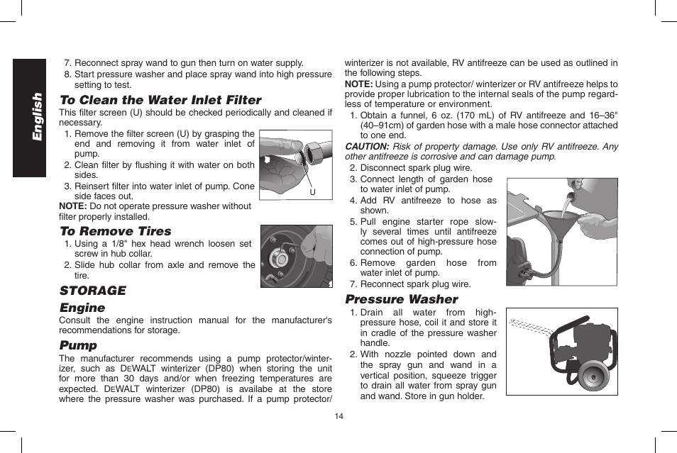English, Storage engine, Pump | Pressure washer | DeWalt DPH3100 User Manual | Page 14 / 64