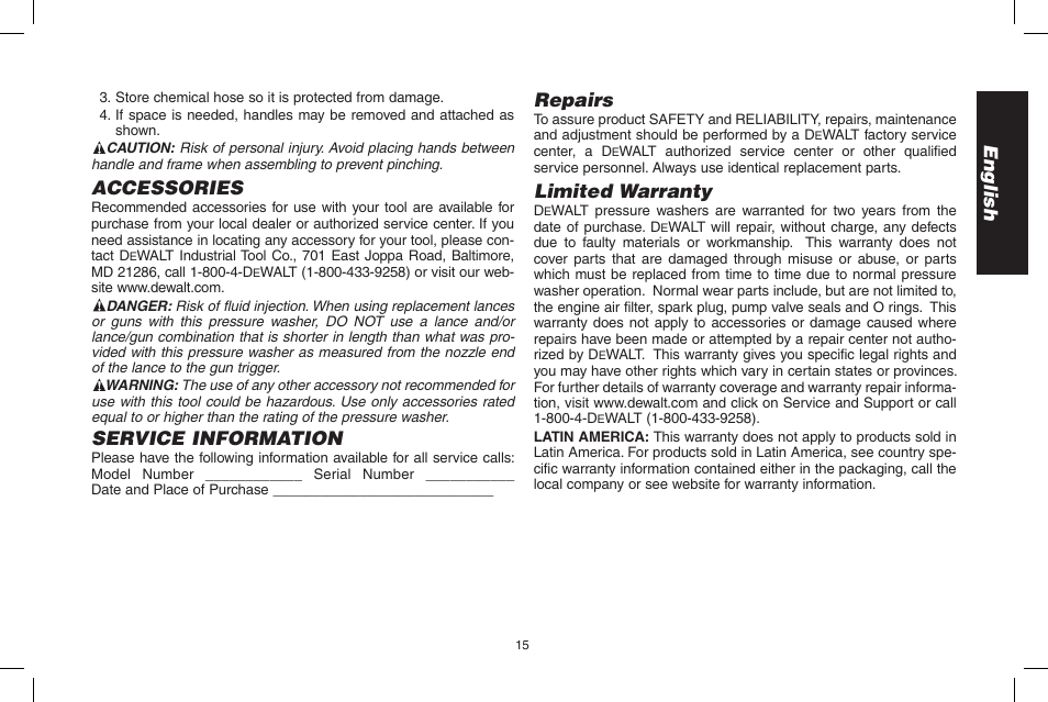 English, Accessories, Service information | Repairs, Limited warranty | DeWalt DPH3100 User Manual | Page 15 / 64