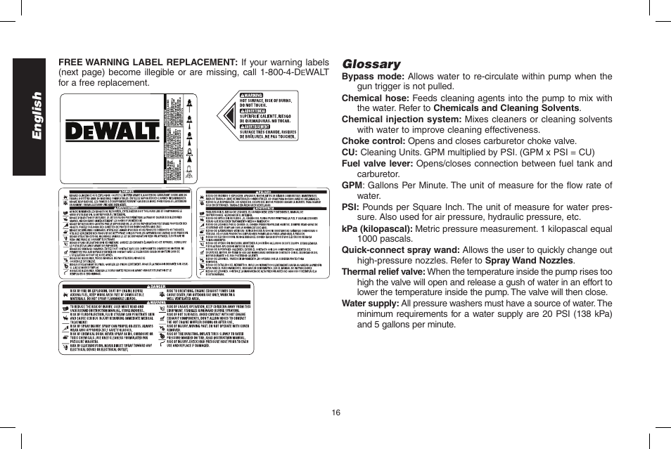 English, Glossary | DeWalt DPH3100 User Manual | Page 16 / 64