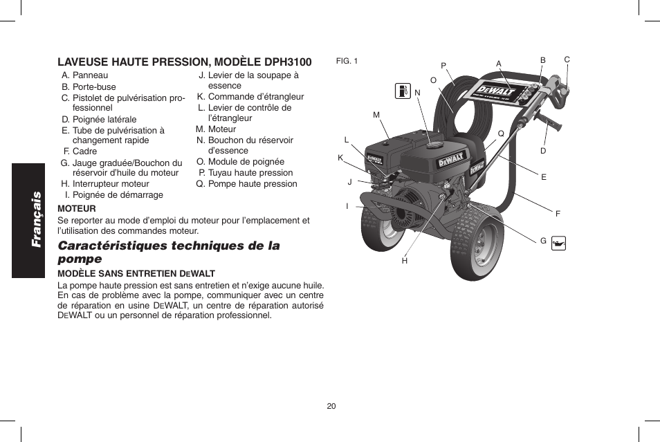 Français, Caractéristiques techniques de la pompe, Laveuse haute pression, modèle dph3100 | DeWalt DPH3100 User Manual | Page 20 / 64