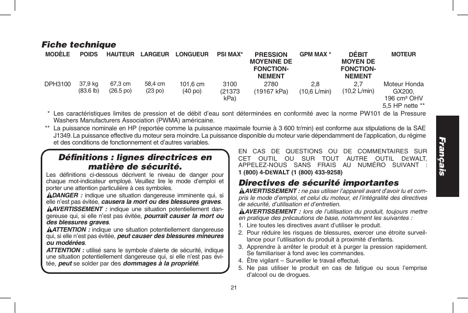 Français, Directives de sécurité importantes, Fiche technique | DeWalt DPH3100 User Manual | Page 21 / 64