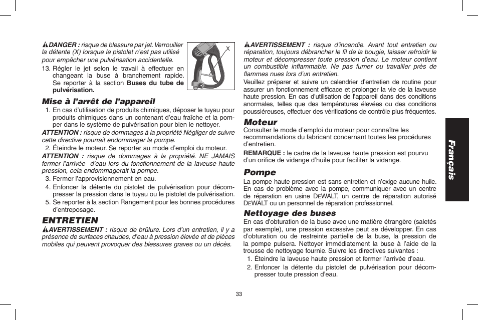 Français, Entretien, Moteur | Pompe | DeWalt DPH3100 User Manual | Page 33 / 64