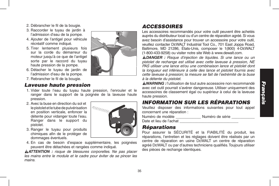 Français, Laveuse haute pression, Accessoires | Information sur les réparations, Réparations | DeWalt DPH3100 User Manual | Page 35 / 64