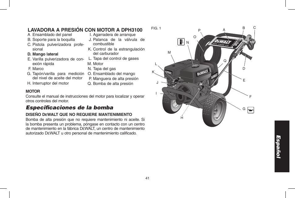 Español, Especificaciones de la bomba, Lavadora a presión con motor a dph3100 | DeWalt DPH3100 User Manual | Page 41 / 64