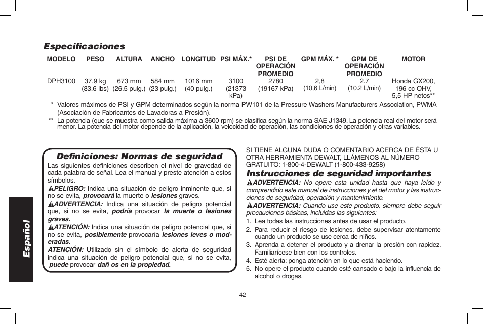 Español, Definiciones: normas de seguridad, Instrucciones de seguridad importantes | Especificaciones | DeWalt DPH3100 User Manual | Page 42 / 64