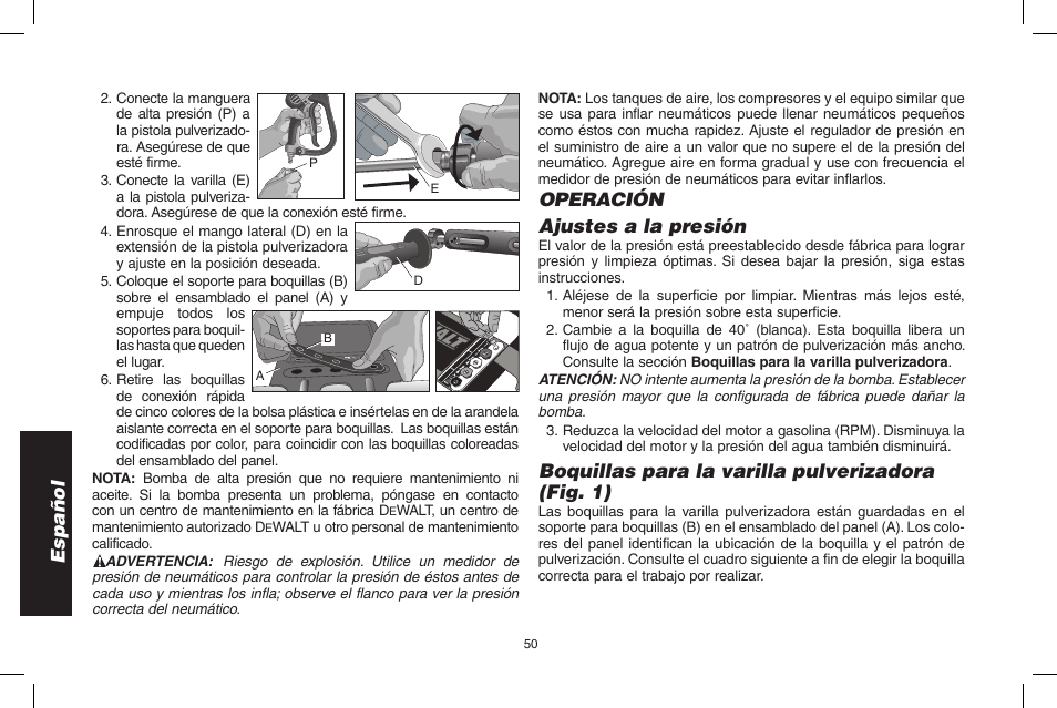 Español, Operación ajustes a la presión, Boquillas para la varilla pulverizadora (fig. 1) | DeWalt DPH3100 User Manual | Page 50 / 64
