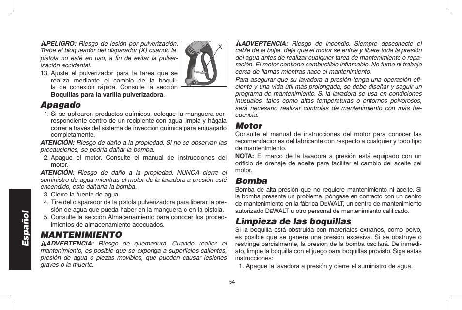 Español, Apagado, Mantenimiento | Motor, Bomba, Limpieza de las boquillas | DeWalt DPH3100 User Manual | Page 54 / 64