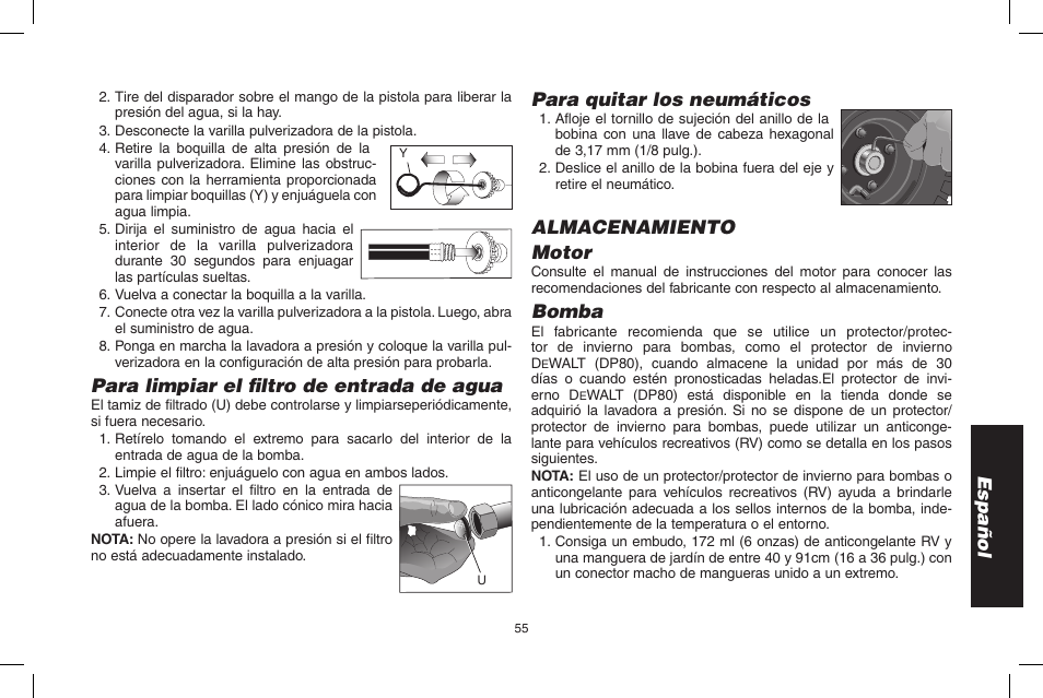 Español, Para limpiar el filtro de entrada de agua, Para quitar los neumáticos | Almacenamiento motor, Bomba | DeWalt DPH3100 User Manual | Page 55 / 64