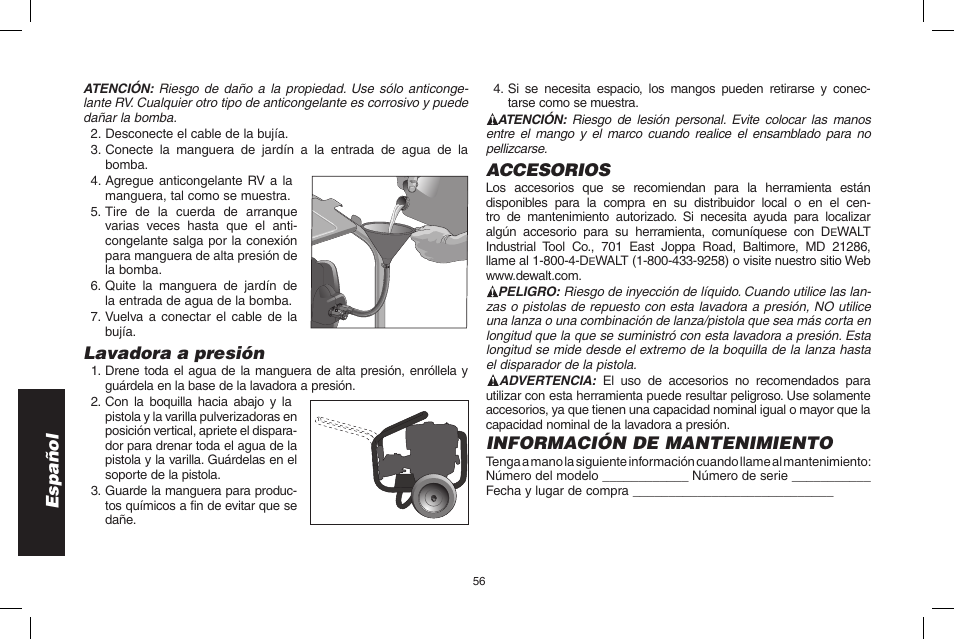 Español, Lavadora a presión, Accesorios | Información de mantenimiento | DeWalt DPH3100 User Manual | Page 56 / 64