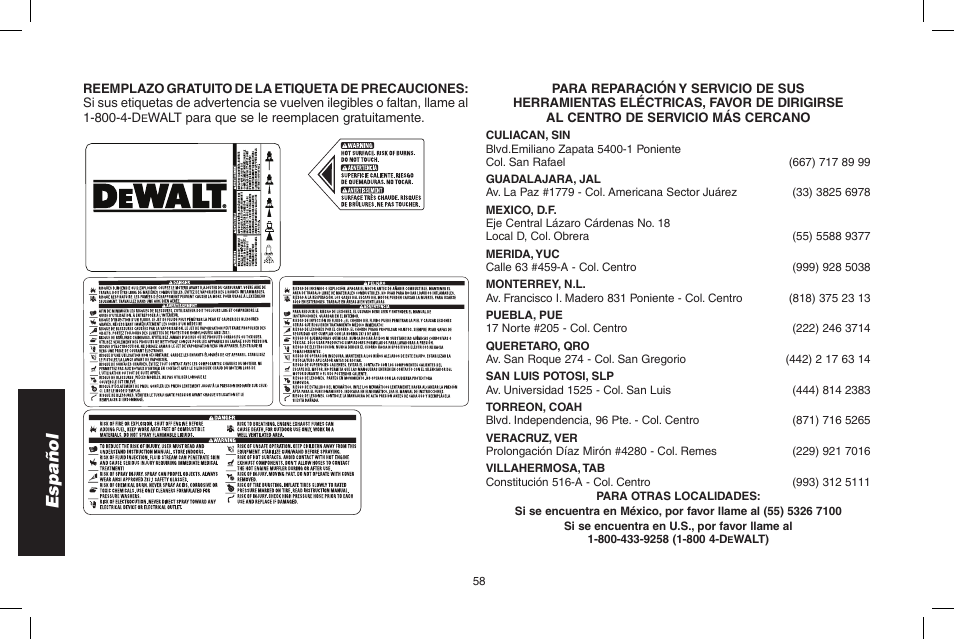 Español | DeWalt DPH3100 User Manual | Page 58 / 64
