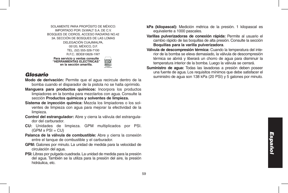 Español, Glosario | DeWalt DPH3100 User Manual | Page 59 / 64