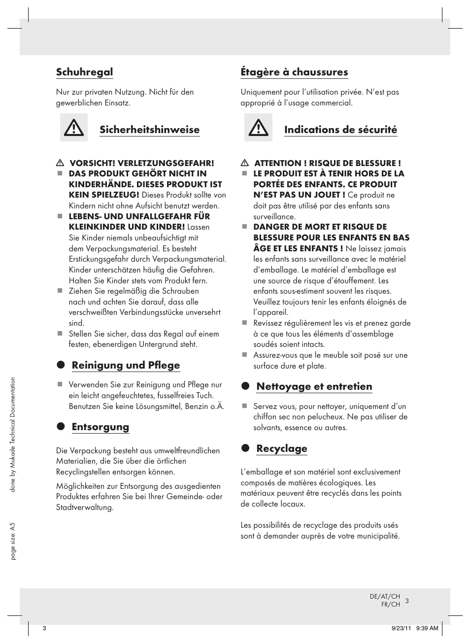 Schuhregal, Sicherheitshinweise, Reinigung und pflege | Entsorgung, Étagère à chaussures, Indications de sécurité, Nettoyage et entretien, Recyclage | Ordex Z15476 User Manual | Page 3 / 6