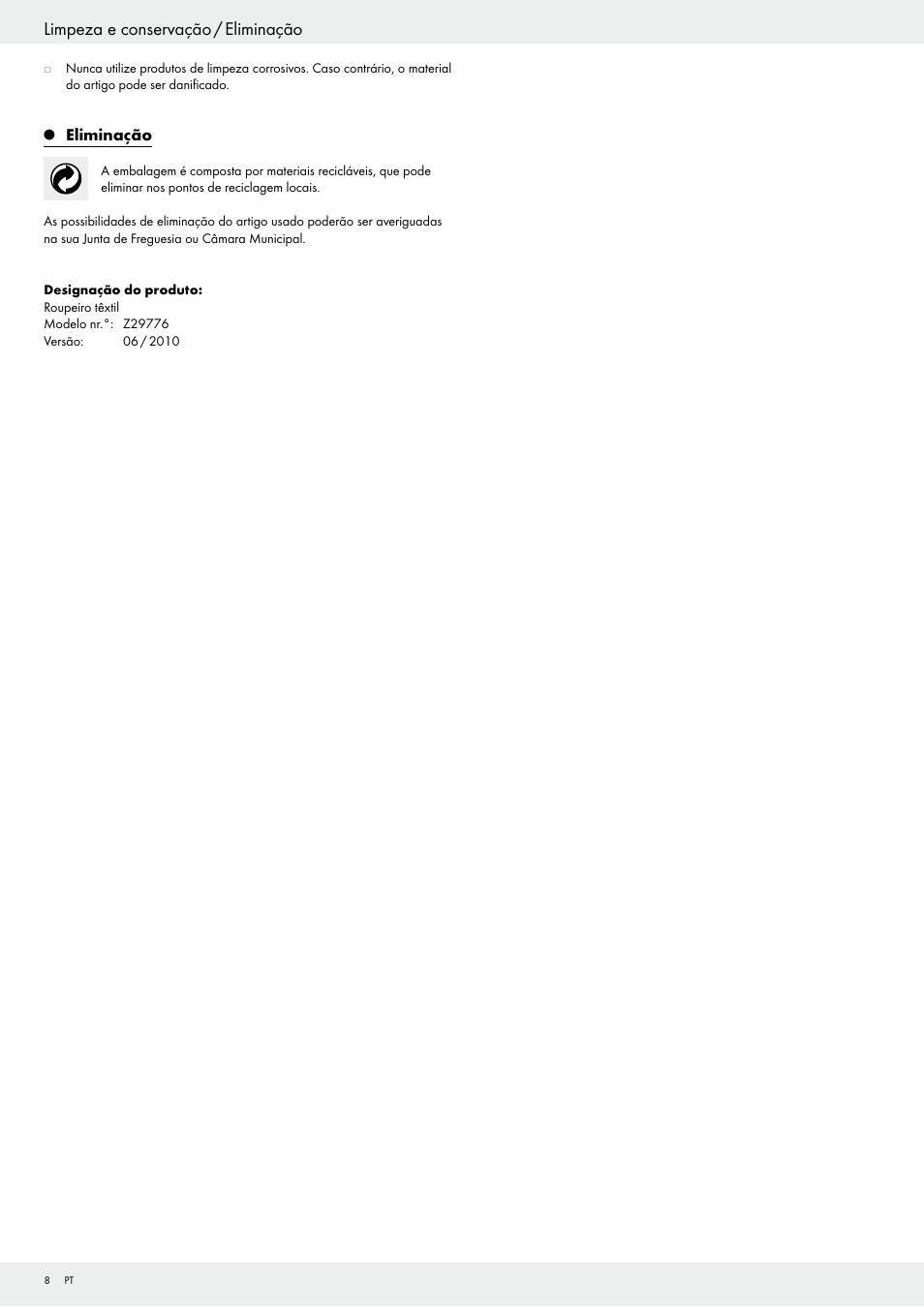 Limpeza e conservação / eliminação | Ordex Z29776 User Manual | Page 8 / 15