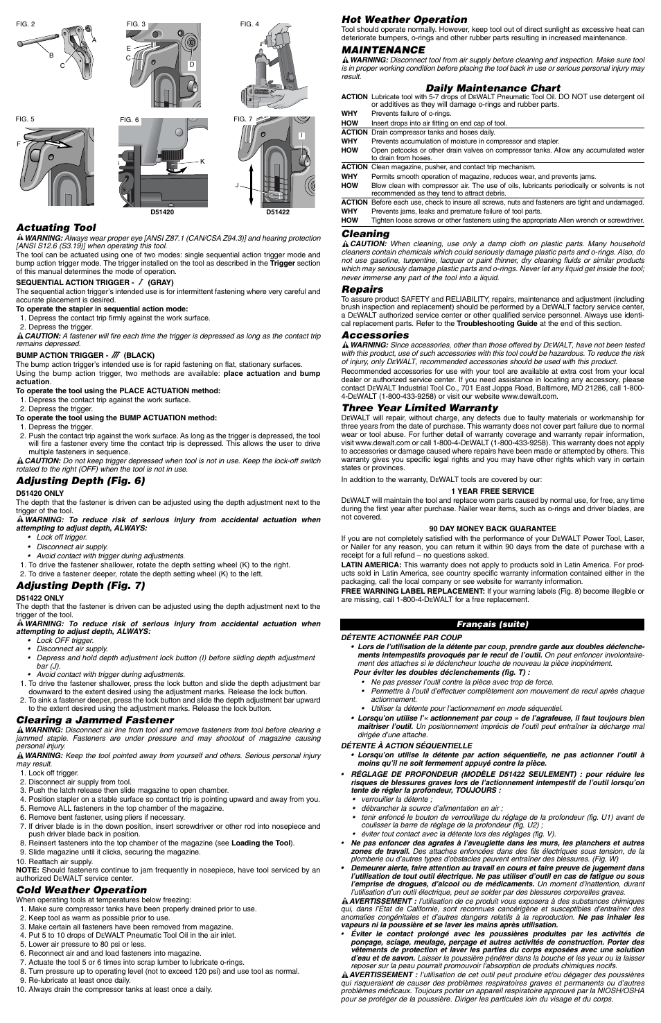 Hot weather operation, Maintenance, Daily maintenance chart | Cleaning, Repairs, Accessories, Three year limited warranty, Actuating tool, Adjusting depth (fig. 6), Adjusting depth (fig. 7) | DeWalt D51420 User Manual | Page 4 / 10