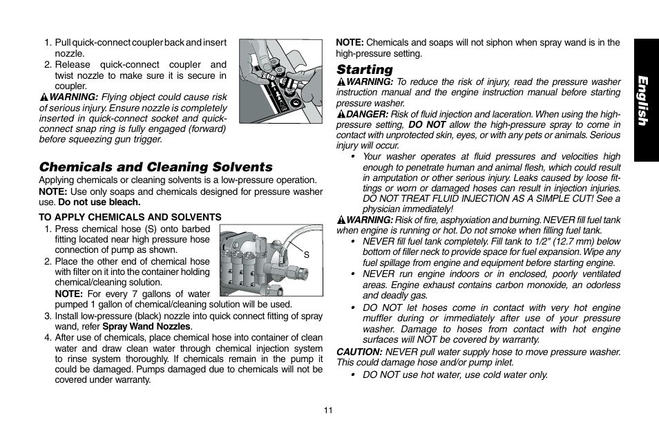 En g lis h, Chemicals and cleaning solvents, Starting | DeWalt A16505 User Manual | Page 11 / 64
