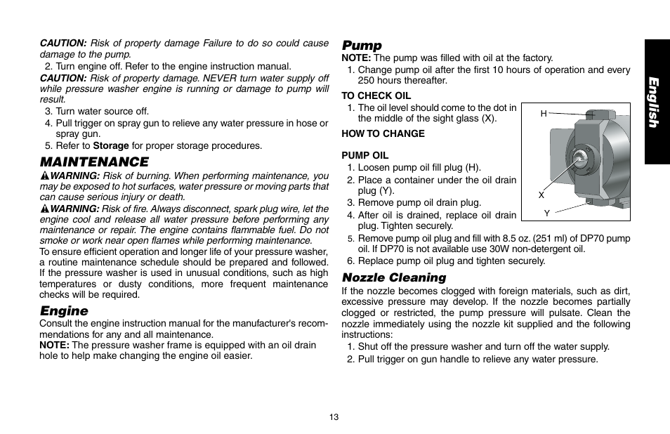 En g lis h, Maintenance, Engine | Pump | DeWalt A16505 User Manual | Page 13 / 64