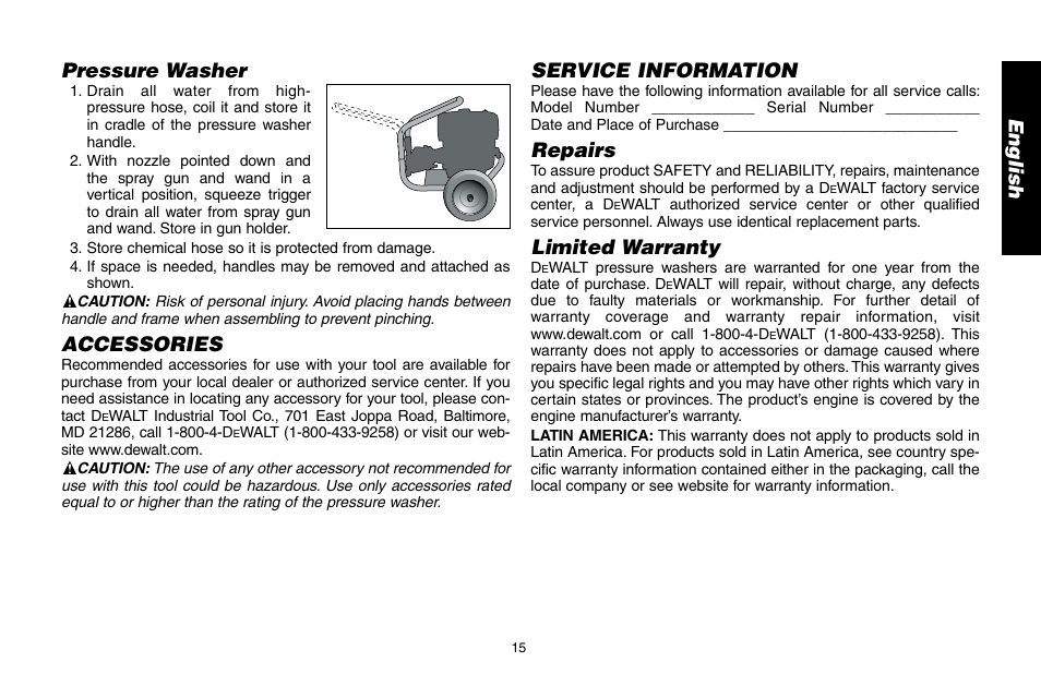 En g lis h pressure washer, Accessories, Service information | Repairs, Limited warranty | DeWalt A16505 User Manual | Page 15 / 64