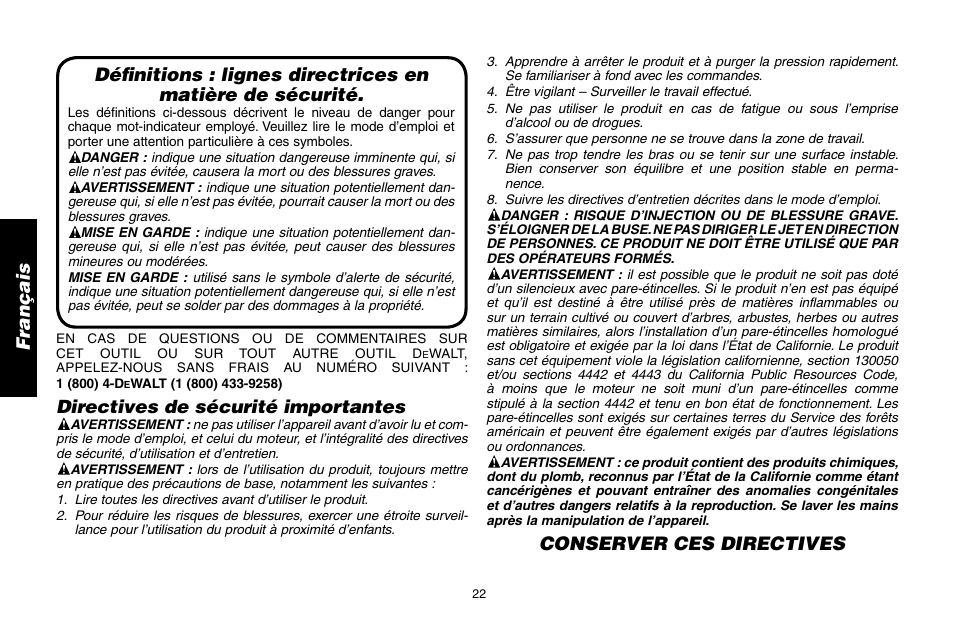 Conserver ces directives, Directives de sécurité importantes | DeWalt A16505 User Manual | Page 22 / 64