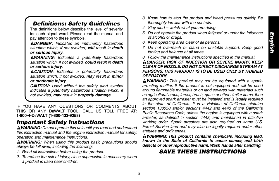 En g lis h, Important safety instructions | DeWalt A16505 User Manual | Page 3 / 64