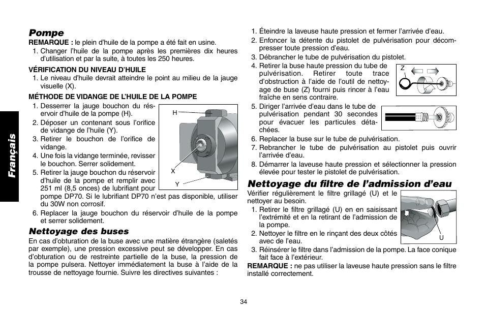 Pompe, Nettoyage du filtre de l’admission d’eau | DeWalt A16505 User Manual | Page 34 / 64