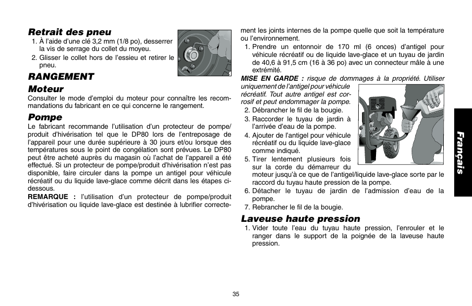 Retrait des pneu, Rangement moteur, Pompe | Laveuse haute pression | DeWalt A16505 User Manual | Page 35 / 64