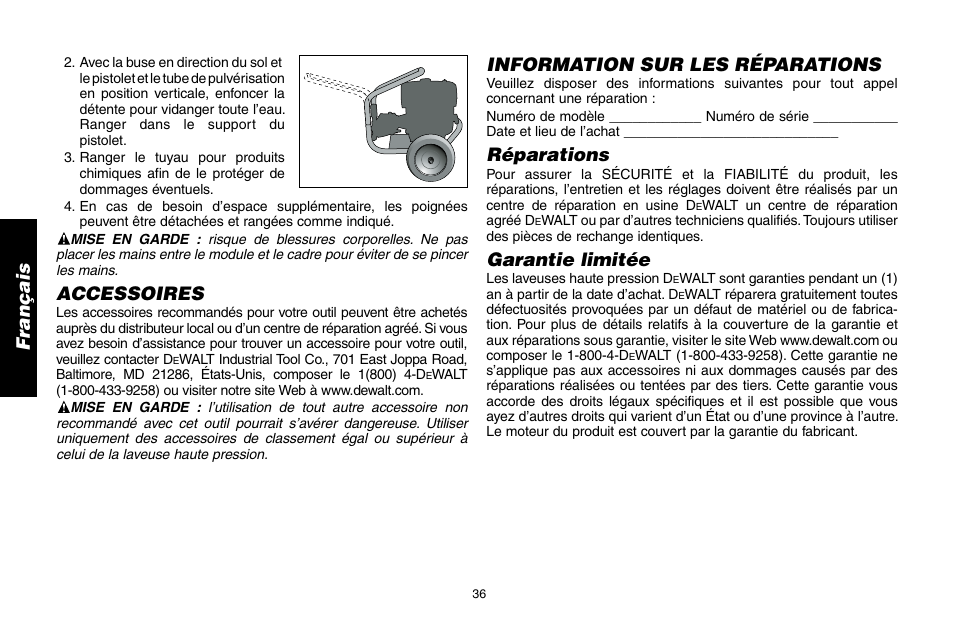 Accessoires, Information sur les réparations, Réparations | Garantie limitée | DeWalt A16505 User Manual | Page 36 / 64
