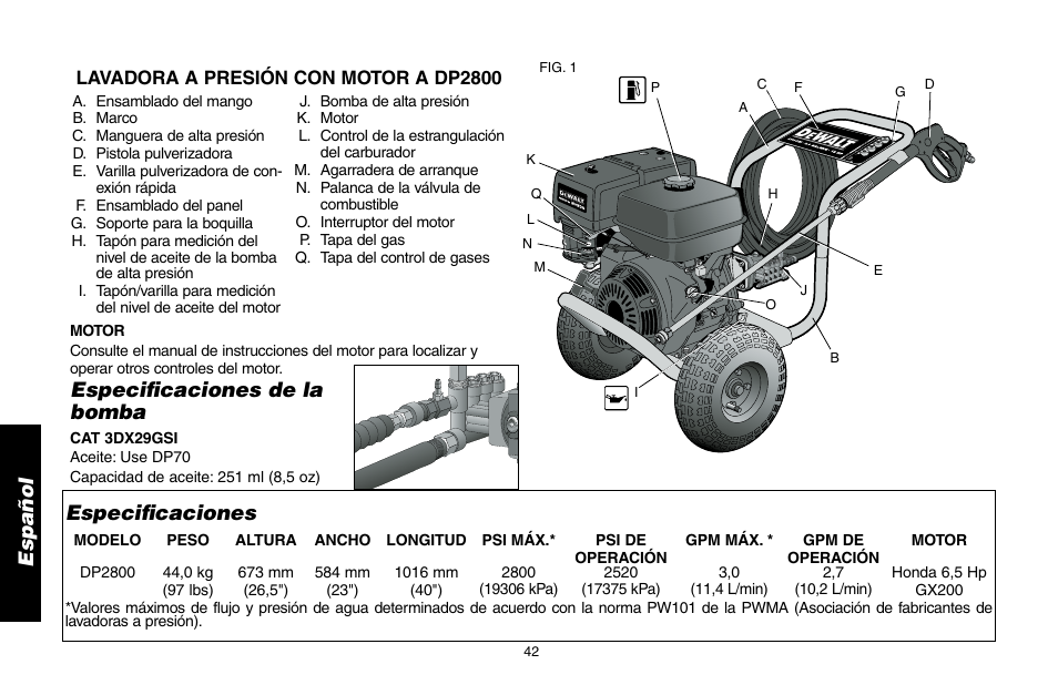 Especificaciones, Especificaciones de la bomba | DeWalt A16505 User Manual | Page 42 / 64