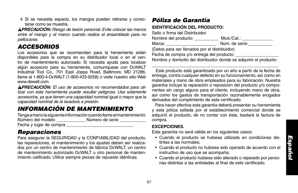 Accesorios, Información de mantenimiento, Reparaciones | Póliza de garantía | DeWalt A16505 User Manual | Page 57 / 64