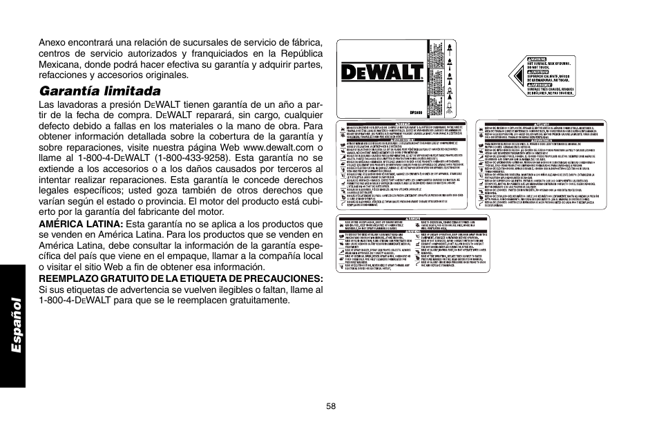 Garantía limitada | DeWalt A16505 User Manual | Page 58 / 64