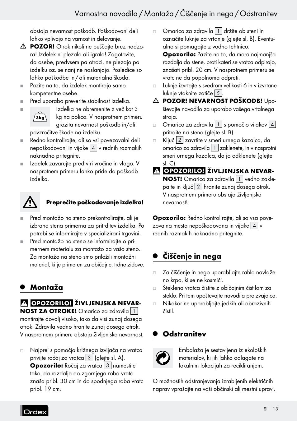 Montaža, Čiščenje in nega, Odstranitev | Ordex T13728A T13728B User Manual | Page 13 / 26