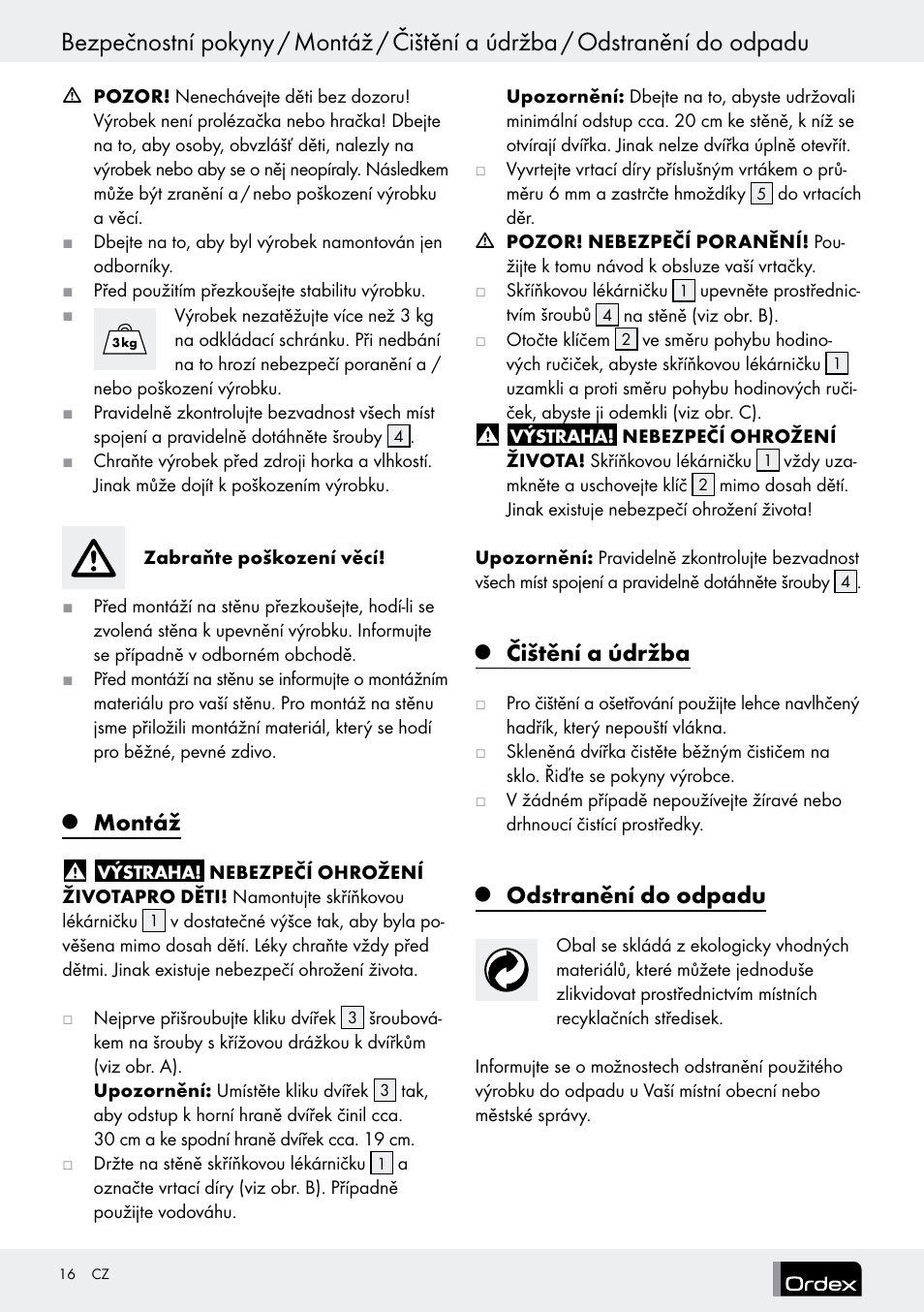 Montáž, Čištění a údržba, Odstranění do odpadu | Ordex T13728A T13728B User Manual | Page 16 / 26