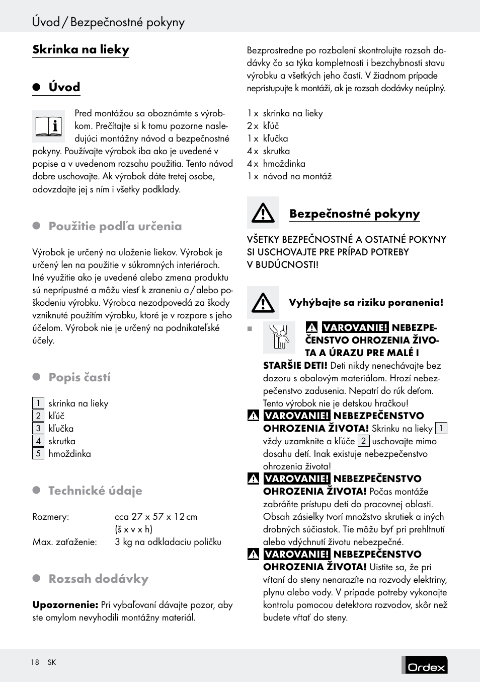 Úvod / bezpečnostné pokyny, Skrinka na lieky, Úvod | Použitie podľa určenia, Popis častí, Technické údaje, Rozsah dodávky, Bezpečnostné pokyny | Ordex T13728A T13728B User Manual | Page 18 / 26