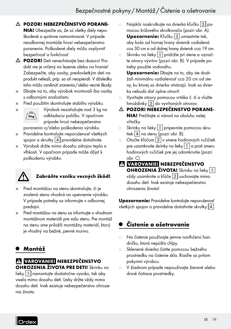 Montáž, Čistenie a ošetrovanie | Ordex T13728A T13728B User Manual | Page 19 / 26