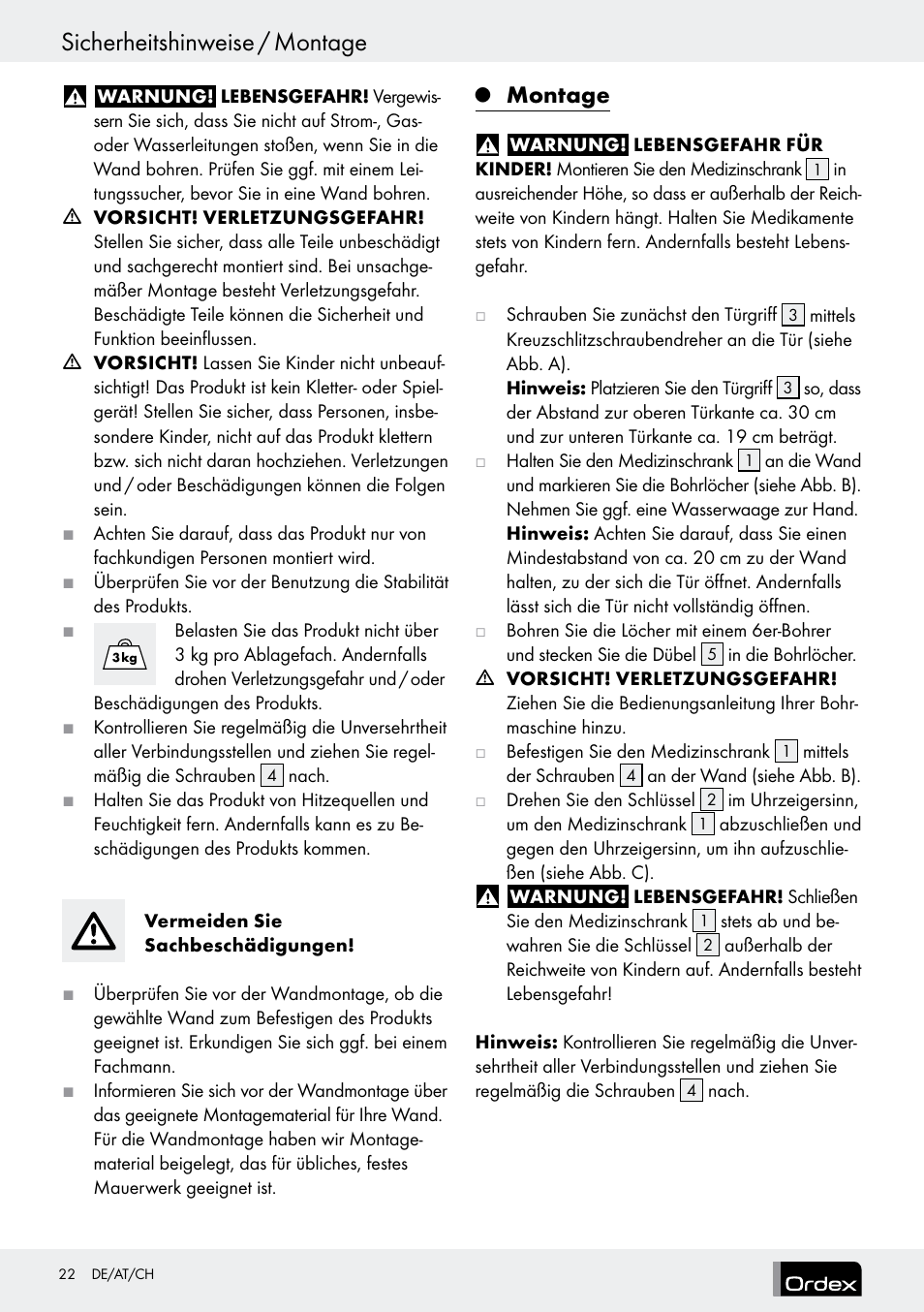 Sicherheitshinweise / montage, Montage | Ordex T13728A T13728B User Manual | Page 22 / 26