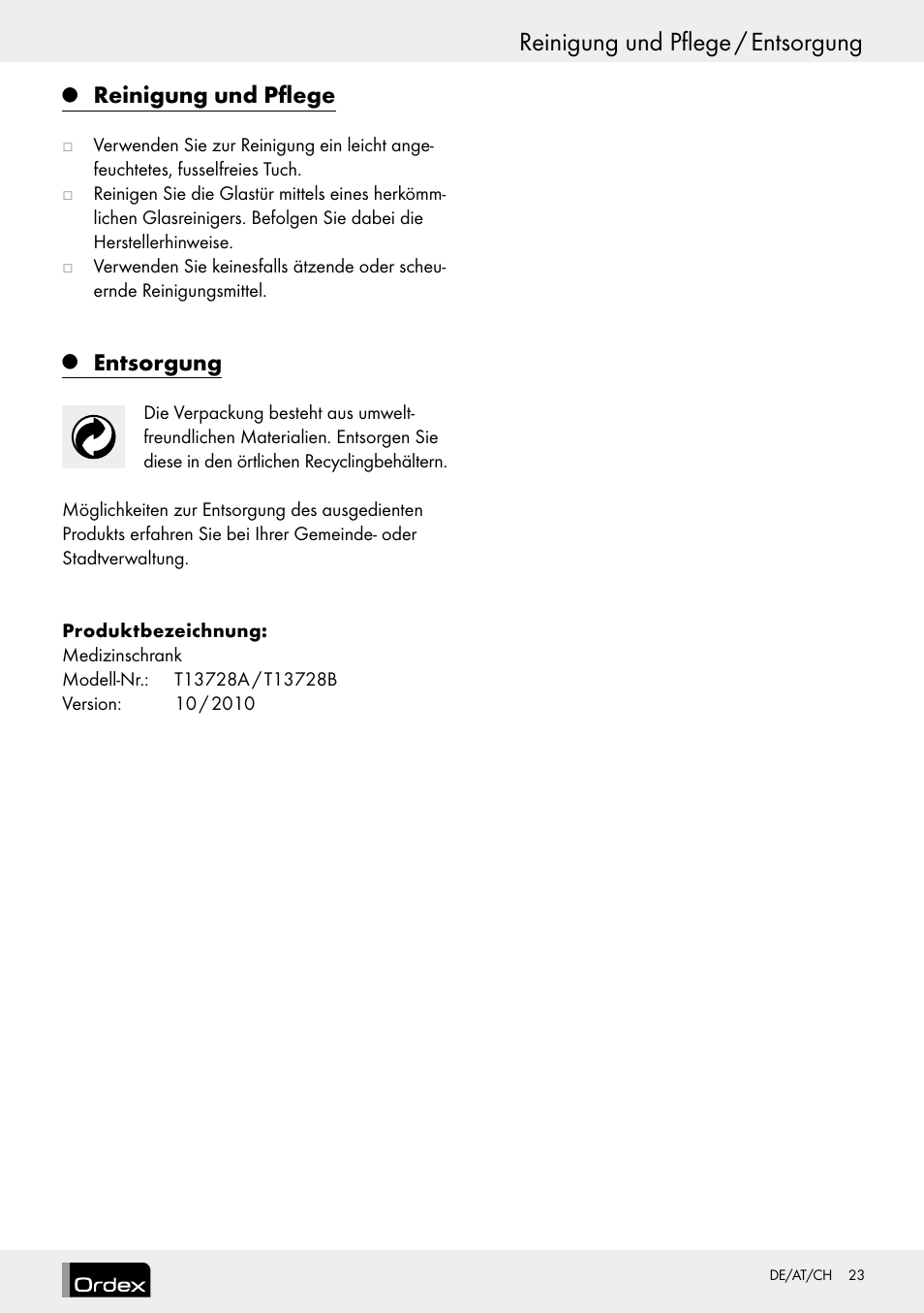 Reinigung und pflege / entsorgung, Reinigung und pflege, Entsorgung | Ordex T13728A T13728B User Manual | Page 23 / 26