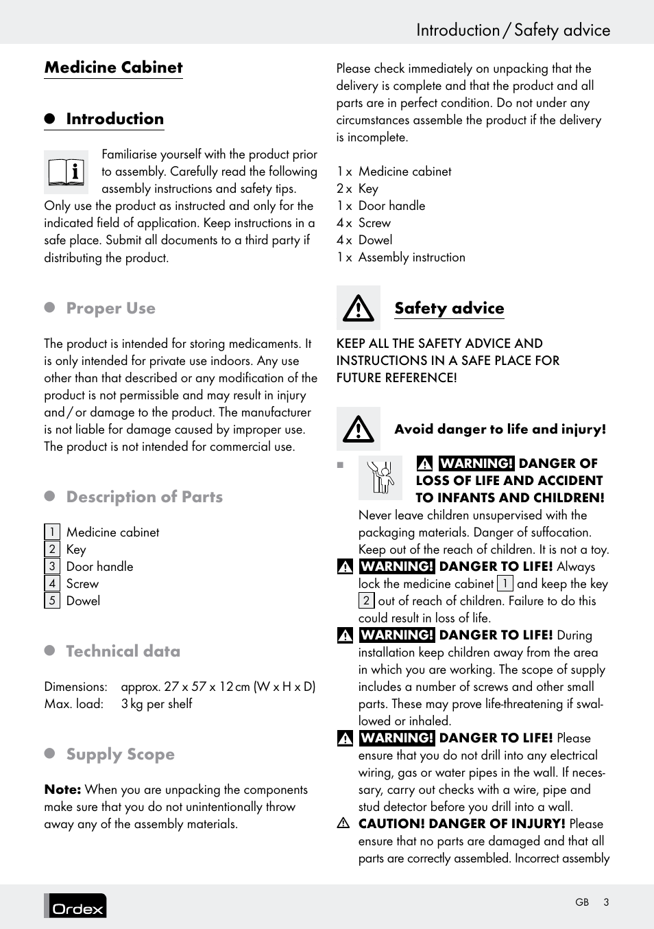 Introduction / safety advice, Medicine cabinet, Introduction | Proper use, Description of parts, Technical data, Supply scope, Safety advice | Ordex T13728A T13728B User Manual | Page 3 / 26