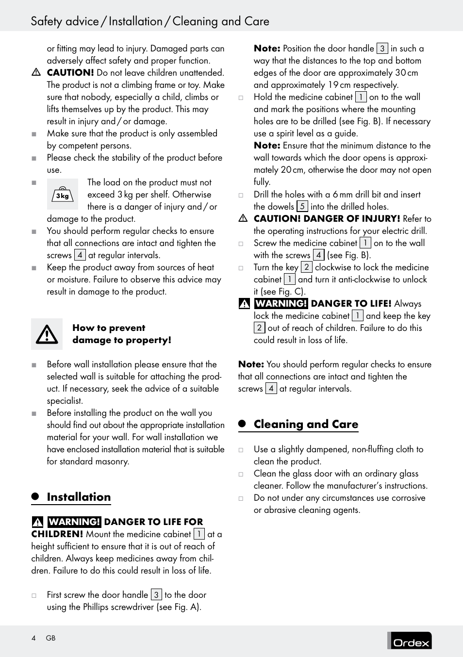 Safety advice / installation / cleaning and care, Installation, Cleaning and care | Ordex T13728A T13728B User Manual | Page 4 / 26