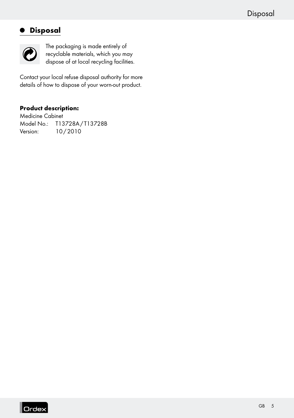 Disposal | Ordex T13728A T13728B User Manual | Page 5 / 26