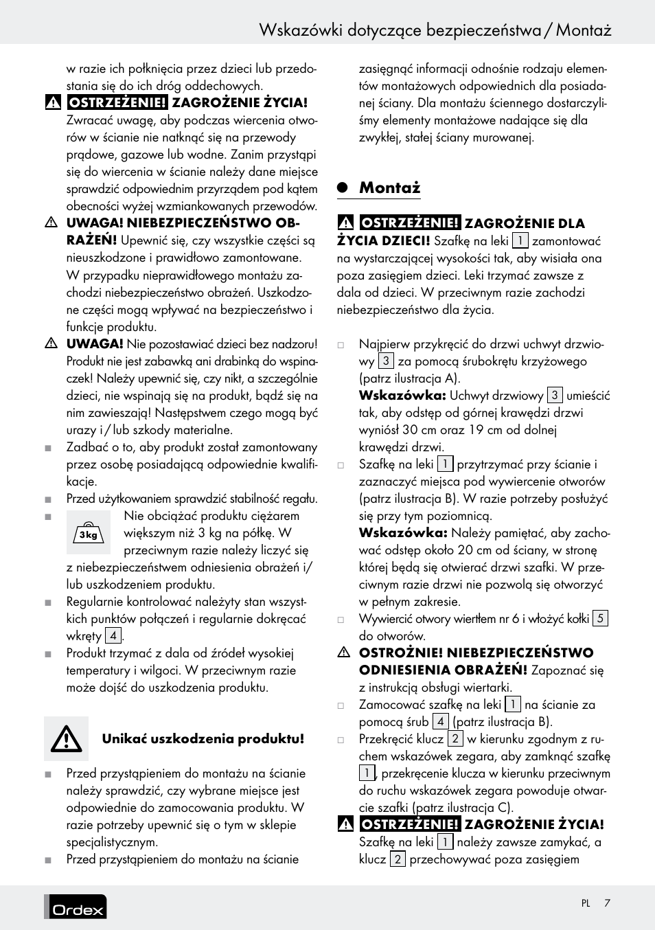 Wskazówki dotyczące bezpieczeństwa / montaż, Montaż | Ordex T13728A T13728B User Manual | Page 7 / 26