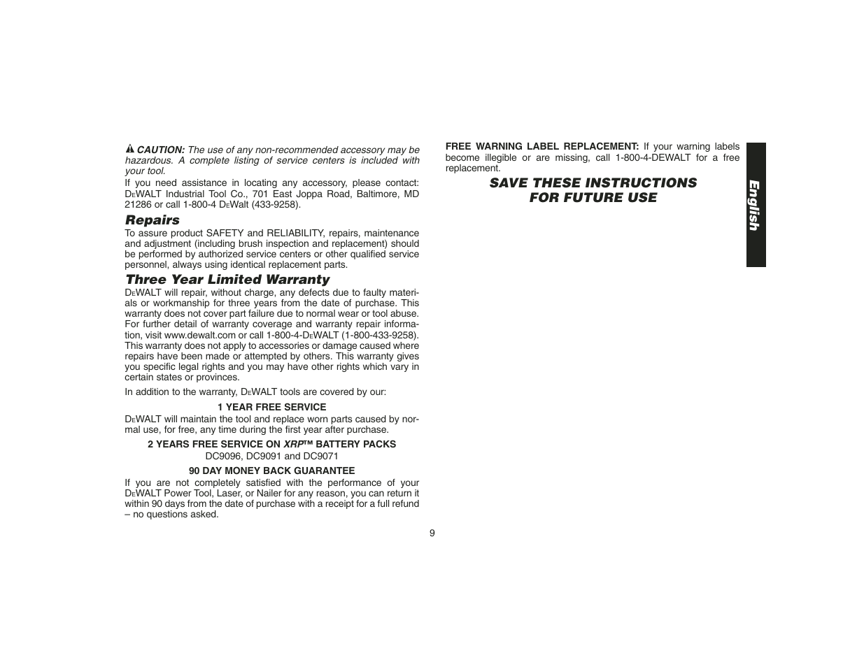 Repairs, Three year limited warranty, Save these instructions for future use | English | DeWalt DW9108 User Manual | Page 11 / 36