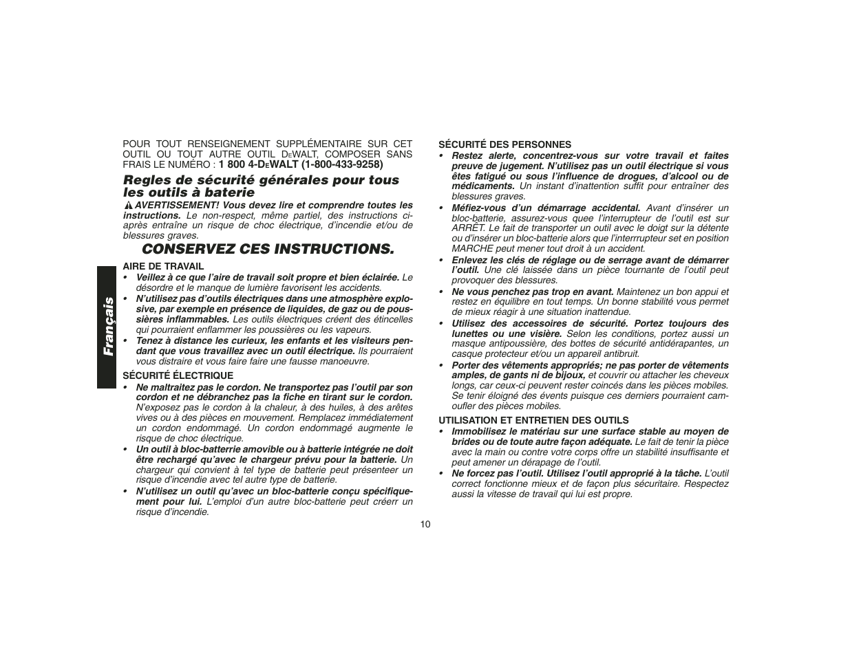 Conservez ces instructions | DeWalt DW9108 User Manual | Page 12 / 36