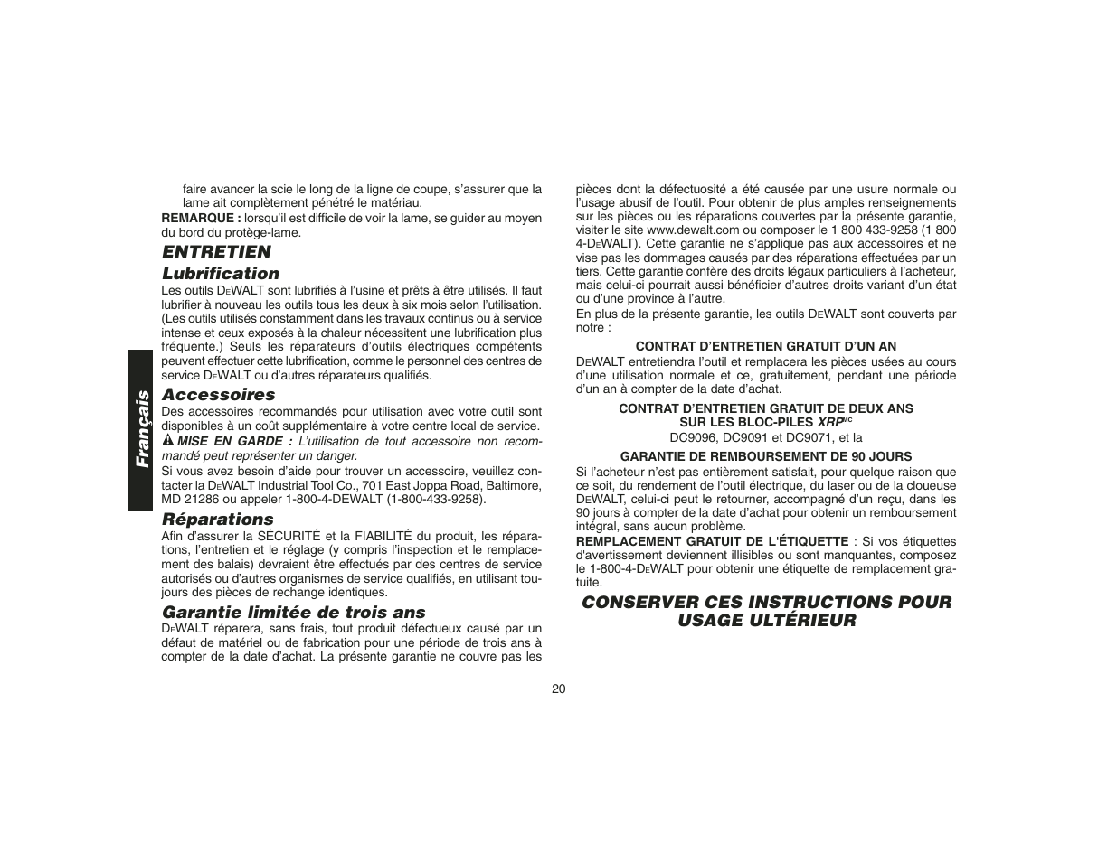 Entretien lubrification, Accessoires, Réparations | Garantie limitée de trois ans | DeWalt DW9108 User Manual | Page 22 / 36