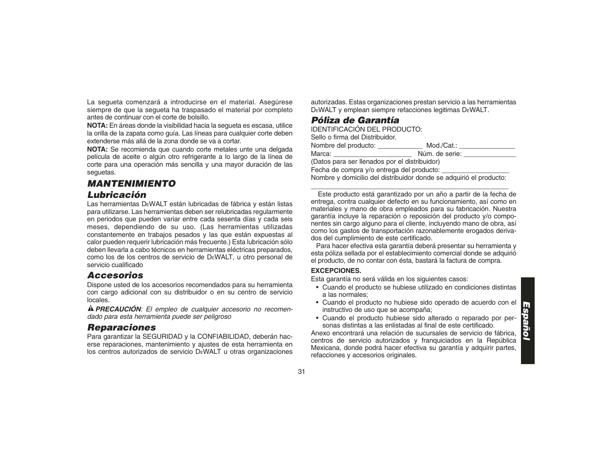 Mantenimiento lubricación, Accesorios, Reparaciones | Póliza de garantía, Español | DeWalt DW9108 User Manual | Page 33 / 36