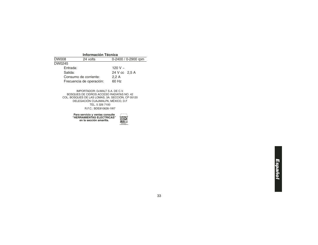 Español | DeWalt DW9108 User Manual | Page 35 / 36