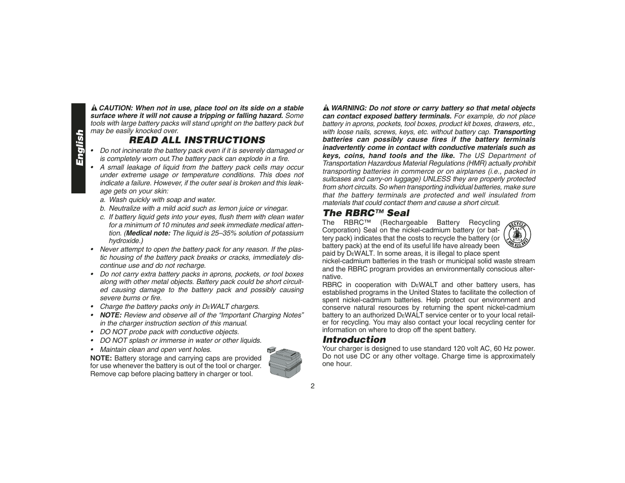 Read all instructions, English, The rbrc™ seal | Introduction | DeWalt DW9108 User Manual | Page 4 / 36