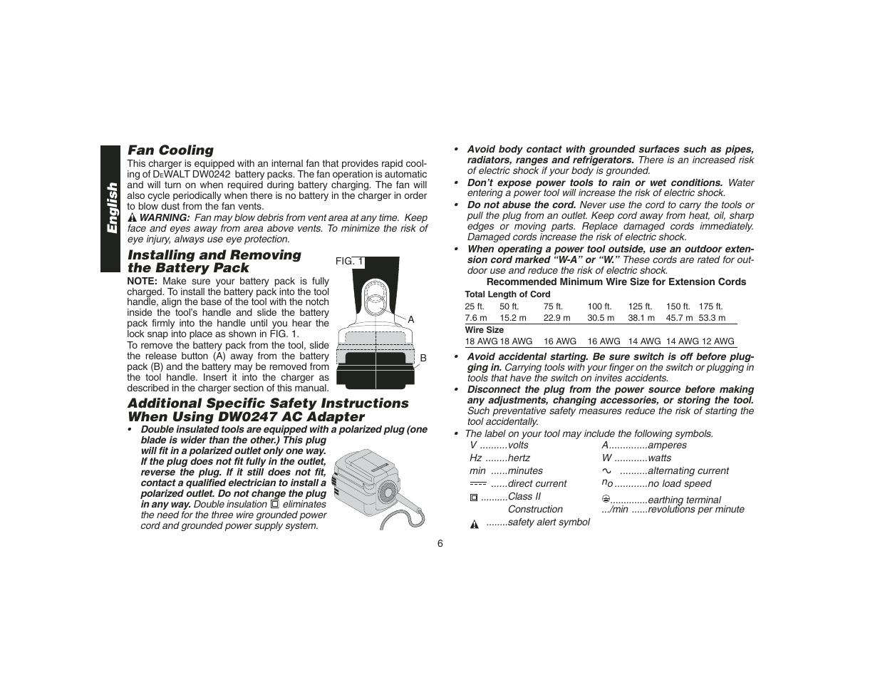 English fan cooling, Installing and removing the battery pack | DeWalt DW9108 User Manual | Page 8 / 36