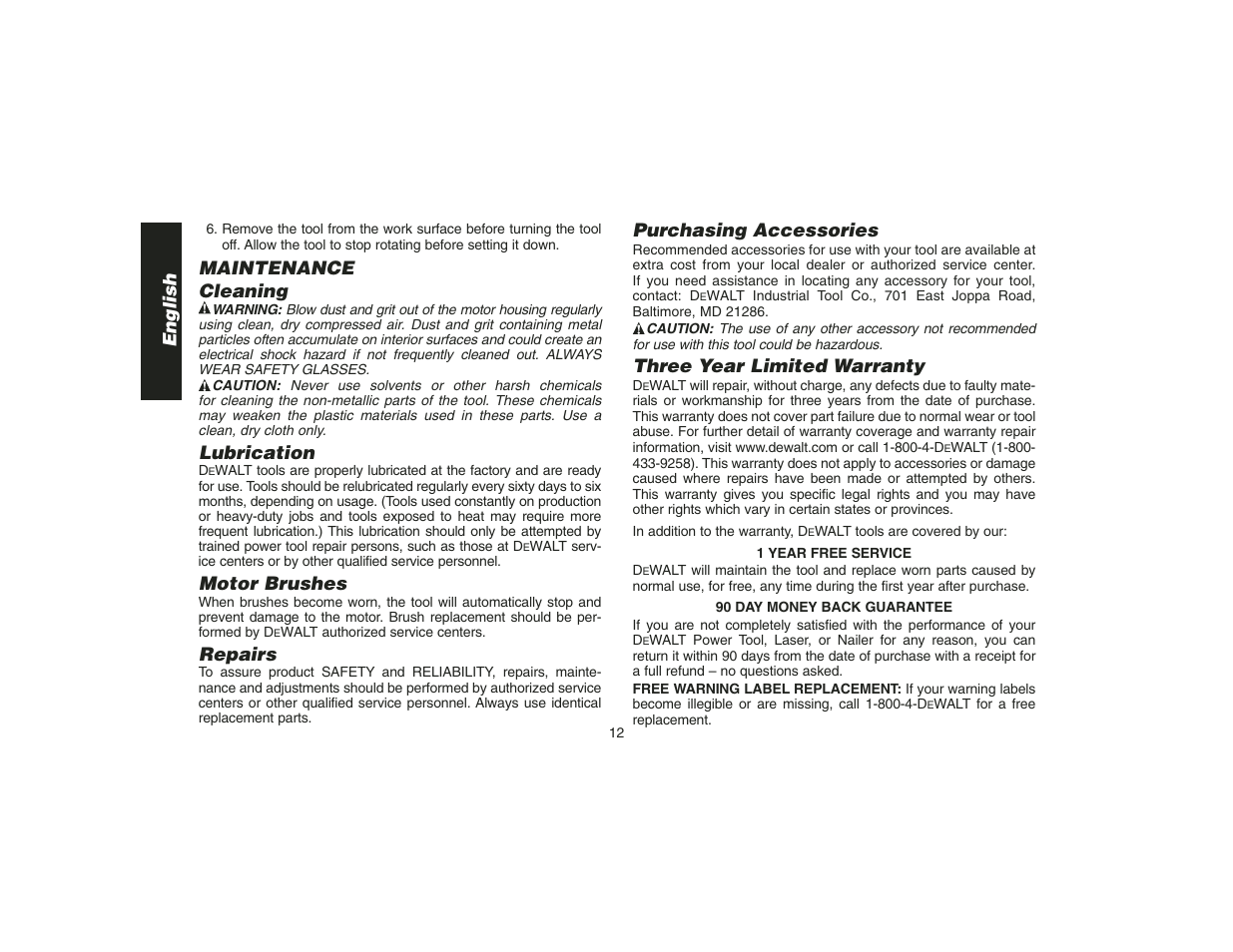 Purchasing accessories, Three year limited warranty, Maintenance cleaning | Lubrication, Motor brushes, Repairs, English | DeWalt DW400 User Manual | Page 14 / 45