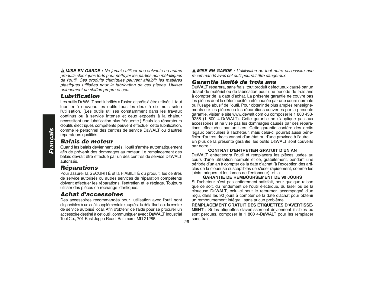 Lubrification, Balais de moteur, Réparations | Achat d'accessoires, Garantie limité de trois ans, Français | DeWalt DW400 User Manual | Page 28 / 45