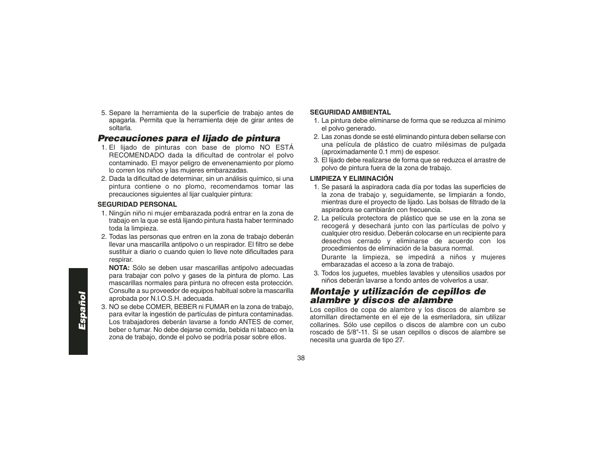 Español, Precauciones para el lijado de pintura | DeWalt DW400 User Manual | Page 40 / 45