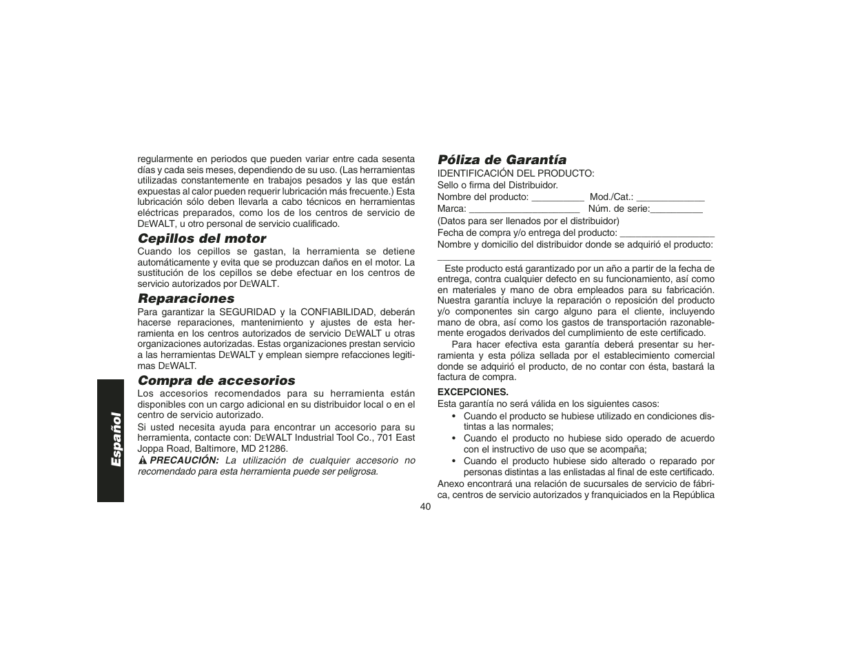 Español, Cepillos del motor, Reparaciones | Compra de accesorios, Póliza de garantía | DeWalt DW400 User Manual | Page 42 / 45